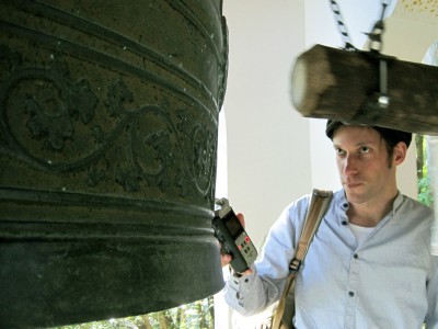 Recording the bell in Kurama, Japan